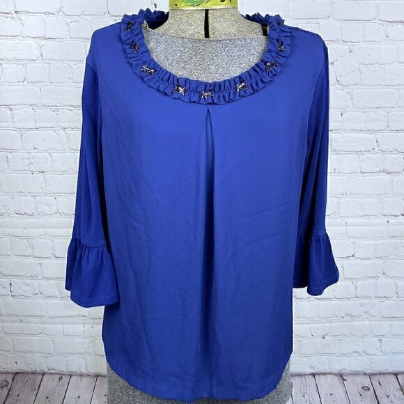 LIKE NEW Elle Blue Beaded Collar Top L - Picture 1 of 4